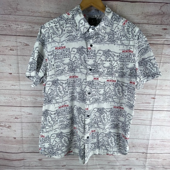 Hawkings Mcgill Nautical Themed Montauk Print Shirt Mens Sz L Button Up Map - Picture 1 of 6